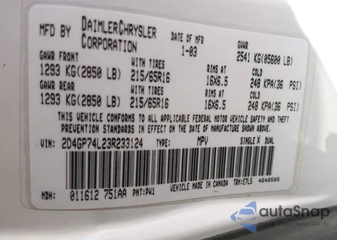 2003 Dodge Grand Caravan Ex z USA, uszkodzony, nr VIN 2D4GP74L23R233124